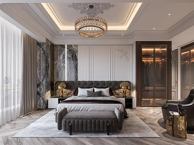 Luxurious Bedroom Interior With Crystal Chandelier Marble Accent Wall Upholstered Bed Wardrobe And Armchair 3d model