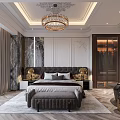Luxurious Bedroom Interior With Crystal Chandelier Marble Accent Wall Upholstered Bed Wardrobe And Armchair