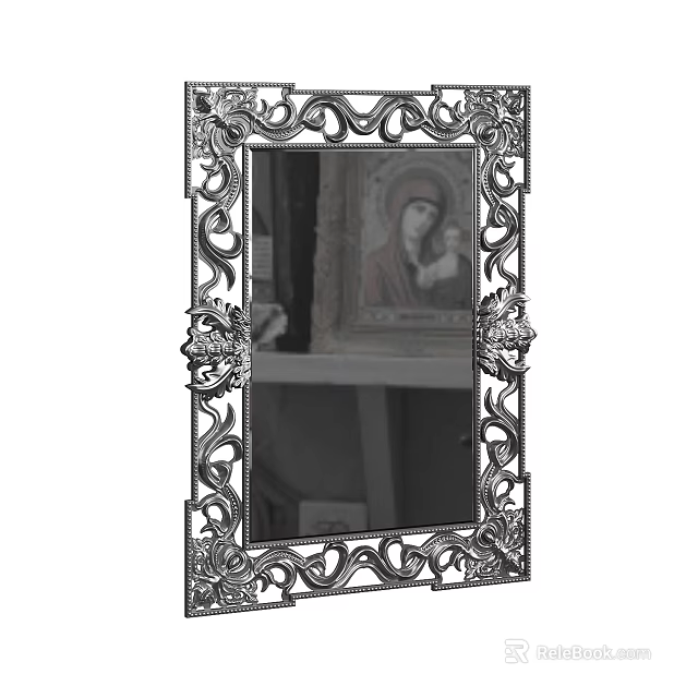 Decorative Mirror With Ornate Intricately Carved Frame Reflecting Artwork And Shelf Decor 3d model 