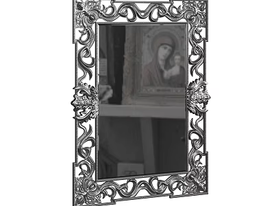 Decorative Mirror With Ornate Intricately Carved Frame Reflecting Artwork And Shelf Decor 3d model