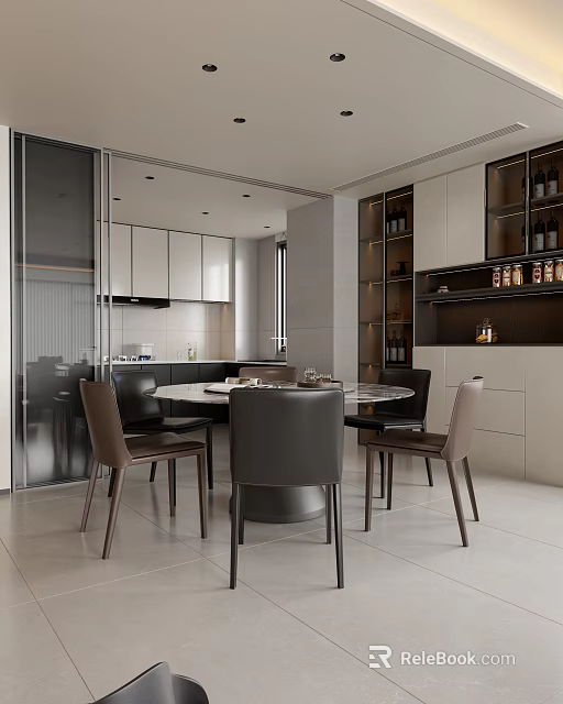 Modern Open Kitchen Interior Design With Island Counter Dining Table And Cabinets 3d model