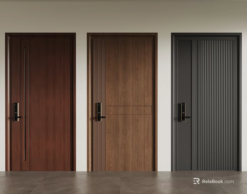 Modern Hinged Doors With Wooden Texture And Dark Vertical Panel Designs 3d model