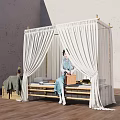 Single Bed with White Canopy Wooden Frame Traditional Attire Near Wooden Chest Lantern Green Cloth