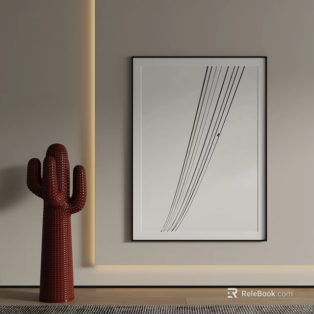 Framed Landscape Art With Red Cactus And Wall Lighting 3d model