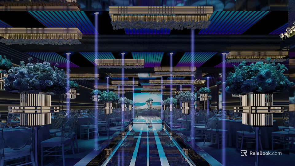 Modern Banquet Hall Interior With Elegant Chandeliers Greenery Stage And Mirrored Floor 3d model 