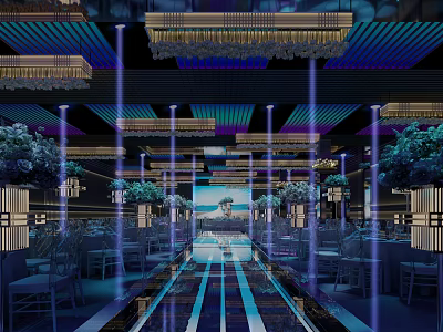 Modern Banquet Hall Interior With Elegant Chandeliers Greenery Stage And Mirrored Floor 3d model