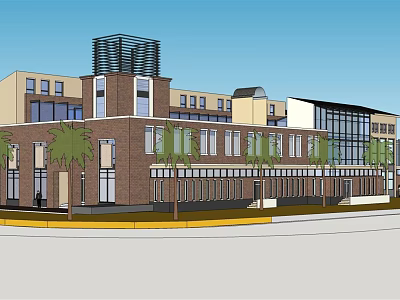 Modern Multistory Building Exterior With Brick Glass Facade Large Windows And Palm Trees 3d model