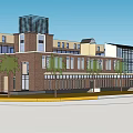 Modern Multistory Building Exterior With Brick Glass Facade Large Windows And Palm Trees