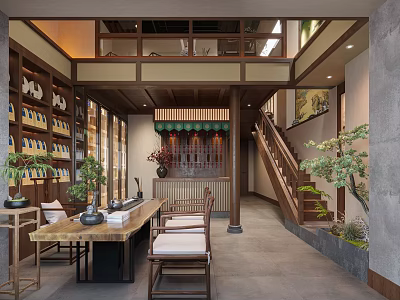 Traditional Chinese Style Elevator Aisle With Wooden Bookshelves Green Plants Warm Lighting And Staircase 3d model