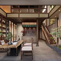 Traditional Chinese Style Elevator Aisle With Wooden Bookshelves Green Plants Warm Lighting And Staircase