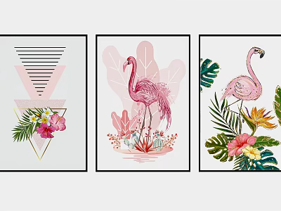 Modern Wall Art With Flamingo Tropical Plants Flowers And Geometric Patterns 3d model