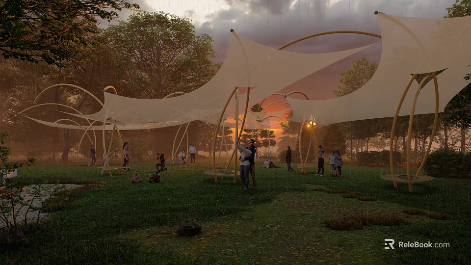Tensile Membrane Structure In Outdoor Park With Green Grass People Activities And Sunset Sky 3d model 