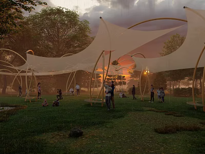 Tensile Membrane Structure In Outdoor Park With Green Grass People Activities And Sunset Sky 3d model