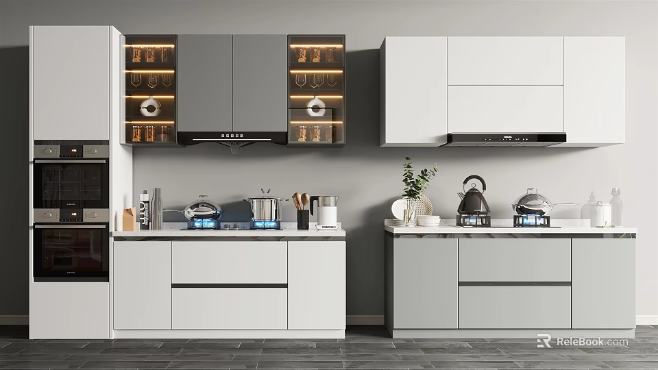 Modern Kitchen With Cooktop Range Hood And Essential Kitchen Appliances 3d model