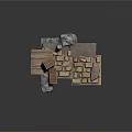 Rustic Sculpture Carving Setup With Wooden Tables Stone Bricks Large Rocks And Metal Bucket