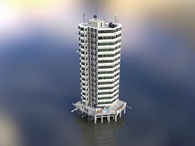 Modern Waterfront High Rise Tower Built On Water With Pillars Supporting Multiple Floors 3d model