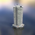 Modern Waterfront High Rise Tower Built On Water With Pillars Supporting Multiple Floors 3d model