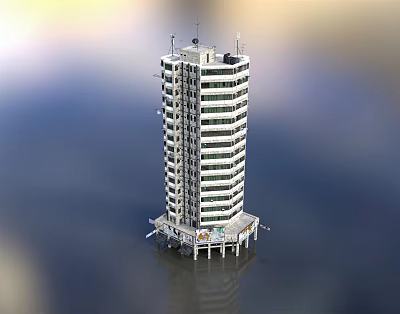 Modern Waterfront High Rise Tower Built On Water With Pillars Supporting Multiple Floors 3d model