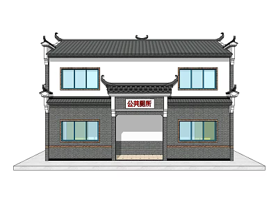 Traditional Chinese Style Public Toilet Building With Classic Roof And Windows 3d model