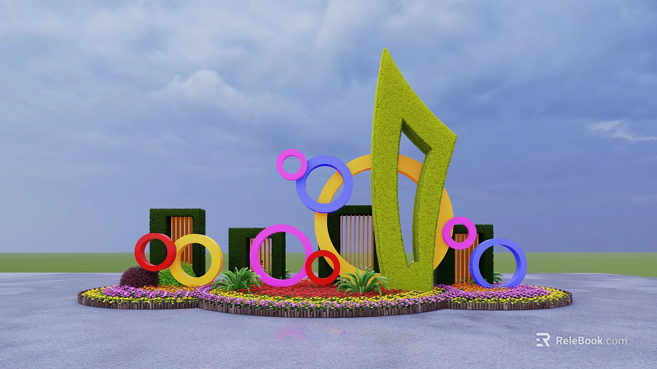 Flower Bed and Flower Pots With Large Green Sculpture Colorful Rings in Outdoor Sky Background 3d model 