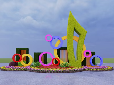 Flower Bed and Flower Pots With Large Green Sculpture Colorful Rings in Outdoor Sky Background 3d model