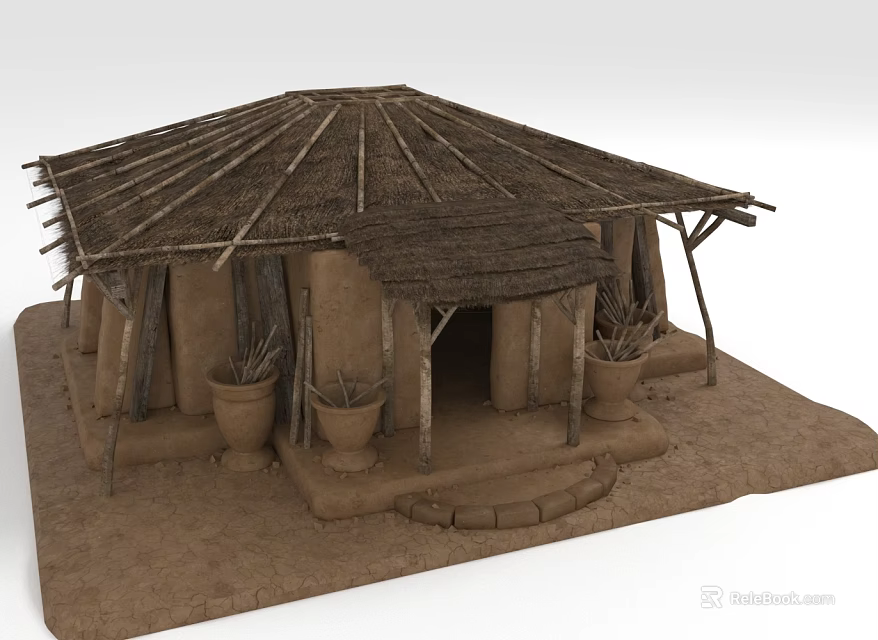 Traditional Adobe Building With Thatch Roof And Clay Pots On Earthen Ground 3d model 