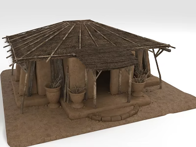 Traditional Adobe Building With Thatch Roof And Clay Pots On Earthen Ground 3d model