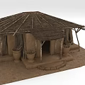 Traditional Adobe Building With Thatch Roof And Clay Pots On Earthen Ground
