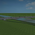 Scenic Bridge Spanning River With Green Grass Trees Vehicles And City Skyline