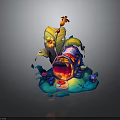 Colorful Fantasy Hut with Cartoon Leaves Flowers Rainbow Water Drops and Vibrant Design