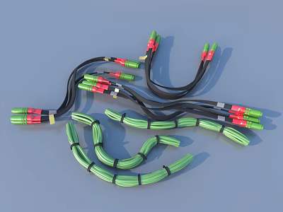 Green Black Coiled Cable Harnesses With Red Green Connectors And Bundled Design 3d model