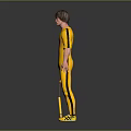 3D Male Character in Yellow Jumpsuit Holding Nunchaku Standing Pose