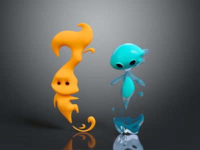 Cute 3D Cartoon Game And Movie Characters Orange Flame And Blue Water Drop Shapes 3d model