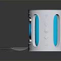 Silver Cylindrical Structure With Blue Transparent Windows Geometric Details And Mesh Base