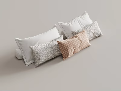 Collection of Decorative Pillows with White Floral Gray and Brown Checkered Patterns 3d model