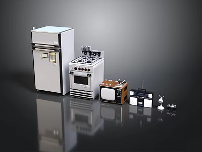 Electronic Appliances Collection Including Refrigerator Stove TV Radio And Table Lamp 3d model