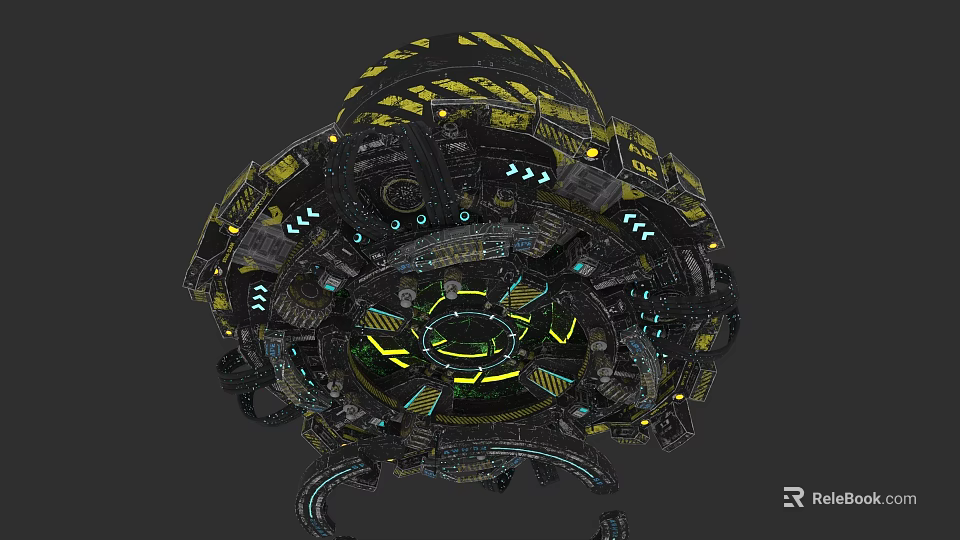 Complex Futuristic Mechanical Structure Featuring Circular Design And Glowing Blue Green Elements 3d model 