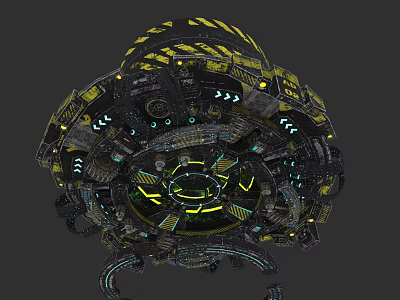 Complex Futuristic Mechanical Structure Featuring Circular Design And Glowing Blue Green Elements 3d model
