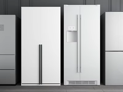 Modern Refrigerators And Freezers With Different Door Designs In White And Gray 3d model