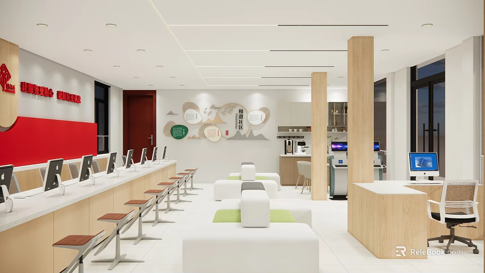 Modern Public Office Space With Open Layout Long Workstations White Seating And Wooden Elements 3d model