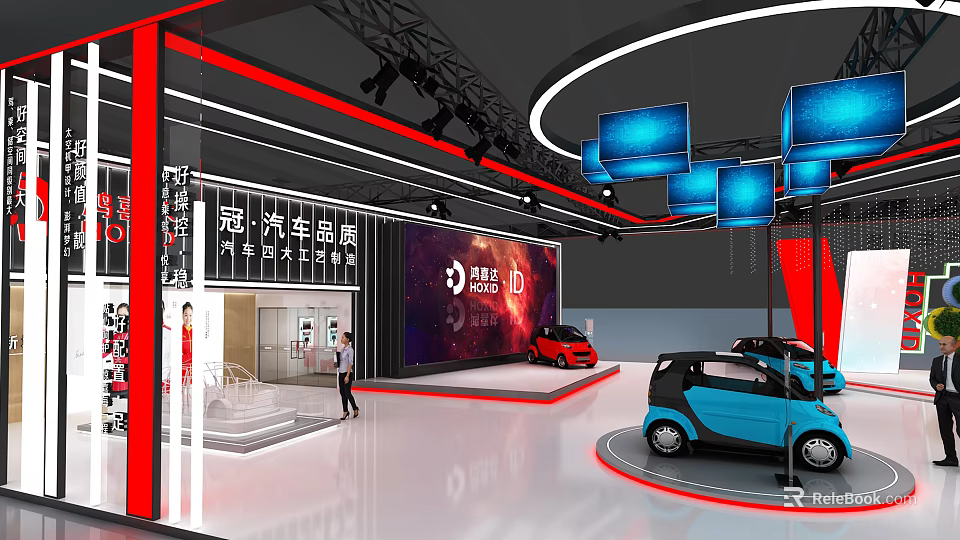 Automobile Exhibition Booth Featuring Car Display LED Screens Red Blue Cars and Modern Design 3d model 