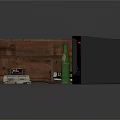 Retro Gaming Setup With Wooden Shelf TV Console Controller Green Bottle And Cartridges