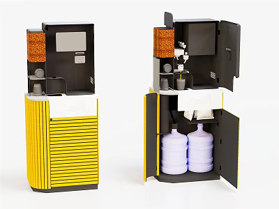 Electronic Appliance With Yellow Striped Exterior Black Cabinet Open Door And White Water Jugs 3d model