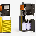 Electronic Appliance With Yellow Striped Exterior Black Cabinet Open Door And White Water Jugs