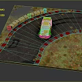 Yellow Racing Car On Curved Track With Yellow Black Barriers And Colorful Curbs