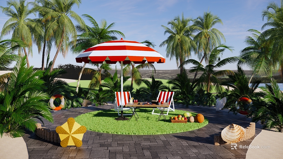 Outdoor Table And Chairs With Red White Striped Umbrella In Tropical Patio With Seashells Starfish 3d model 