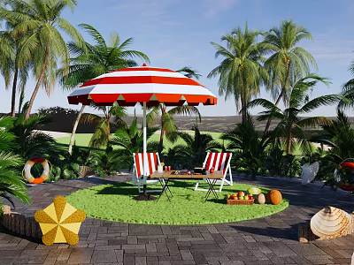 Outdoor Table And Chairs With Red White Striped Umbrella In Tropical Patio With Seashells Starfish 3d model