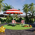 Outdoor Table And Chairs With Red White Striped Umbrella In Tropical Patio With Seashells Starfish