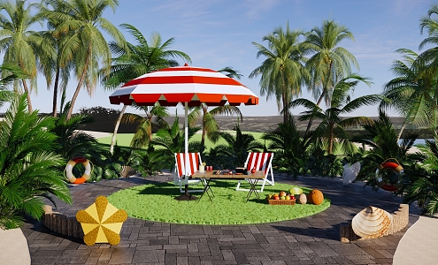 Outdoor Beach Camping Park Landscape Beach Barbecue Outdoor Beach Lounger Outdoor Seats Tropical Fruit 3d model