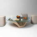Modern Glass Top Coffee Table With Wooden Base Tray Fruits And Beige Ottomans